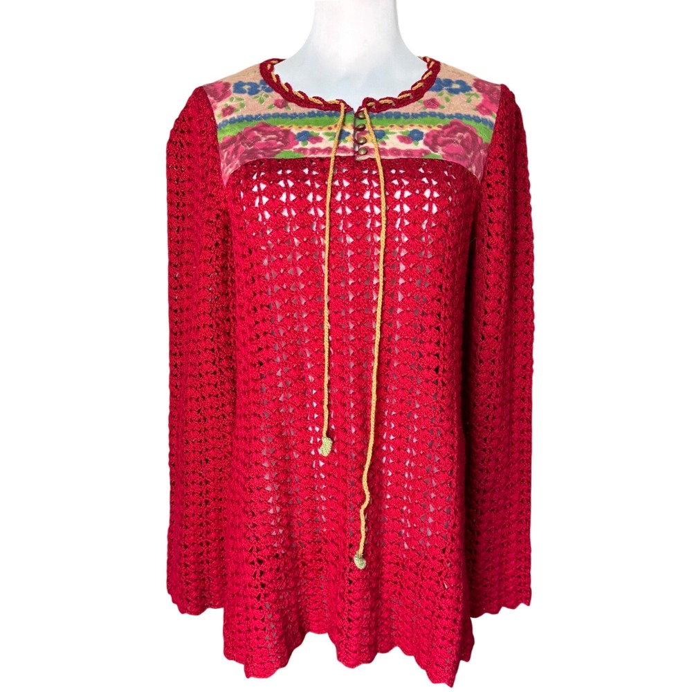 Free People Red Crochet Wool Tunic Top Floral Quilted Yoke Sz M Cottagecore Boho